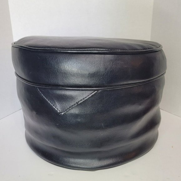 Vtg MCM Retro Black Round Vinyl Ottoman Footstool Hassock 15” Furniture Decore - Picture 2 of 7